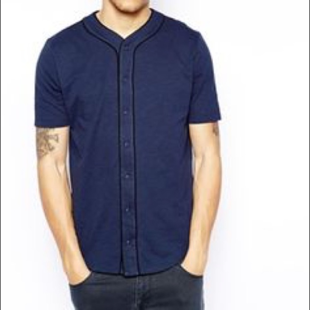 ASOS navy blue baseball inspired button up shirt